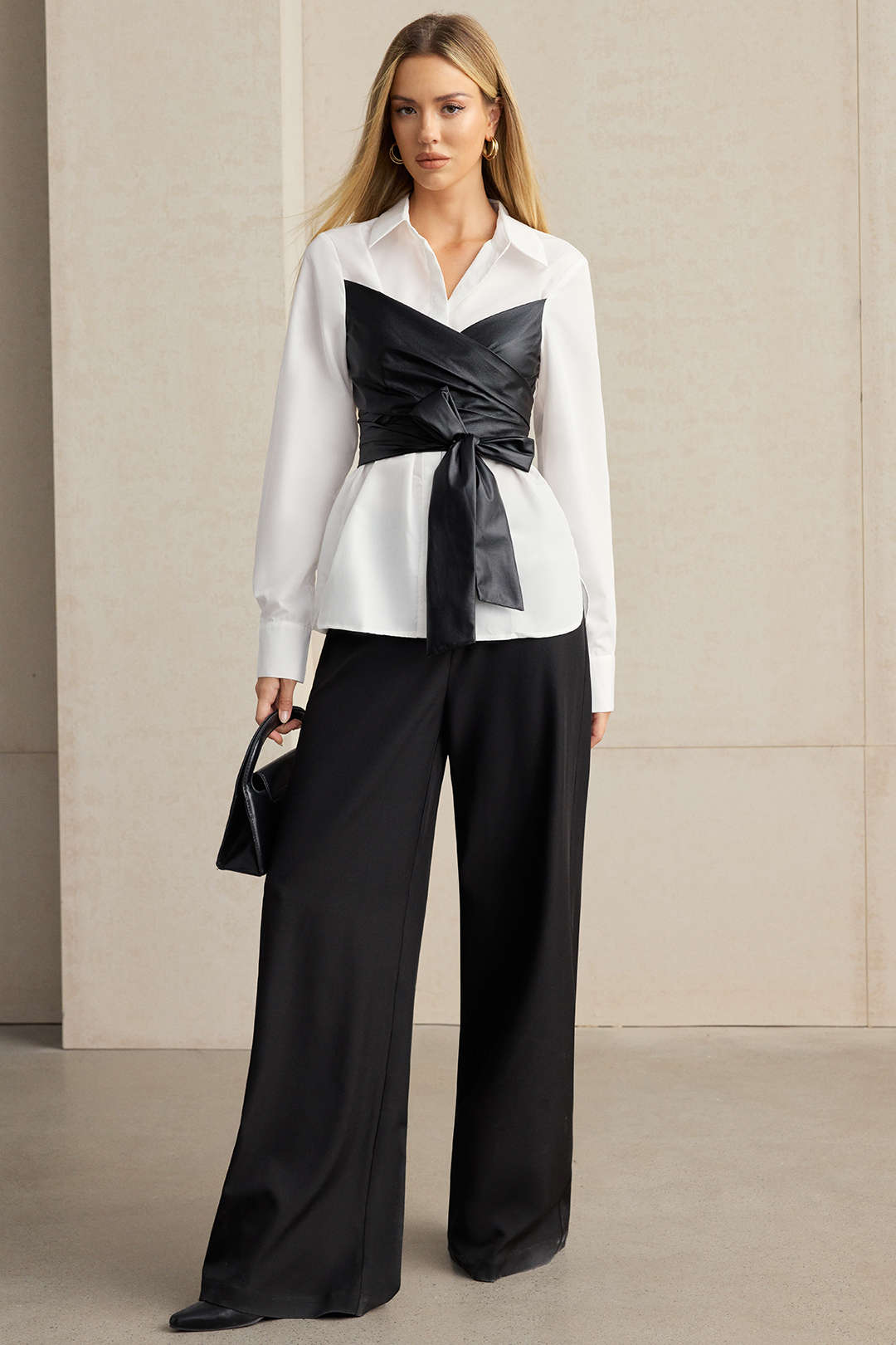 Leren-look patchwork blouse met lange mouwen