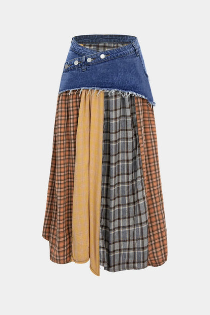 Asymmetrische rok van denim met kleurblokken en ruitprint