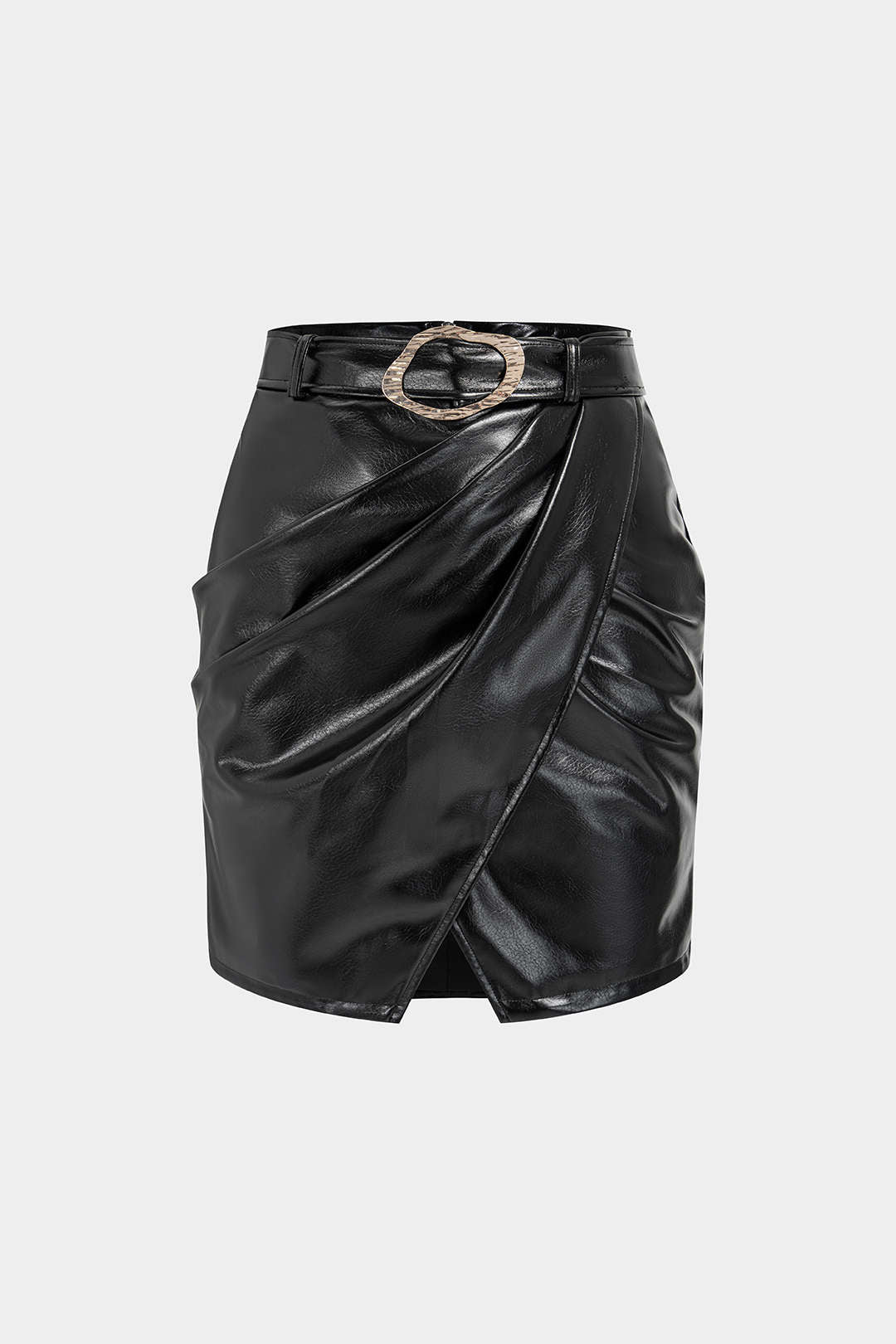 Leren-look metallic rok met riem en ruches