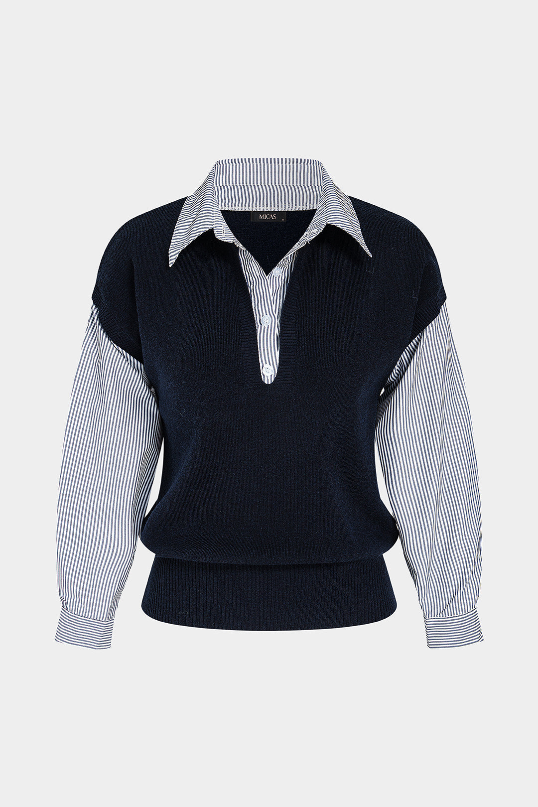 Gebreide patchwork top met revers en lange mouwen