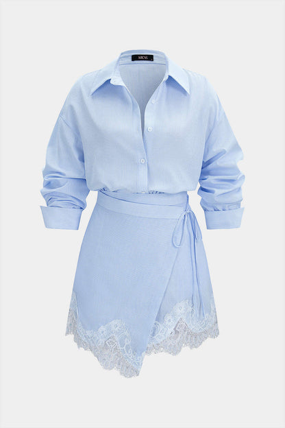 Stripes Print Button Blouse And Wrap Tie-Up Mini Skirt Set