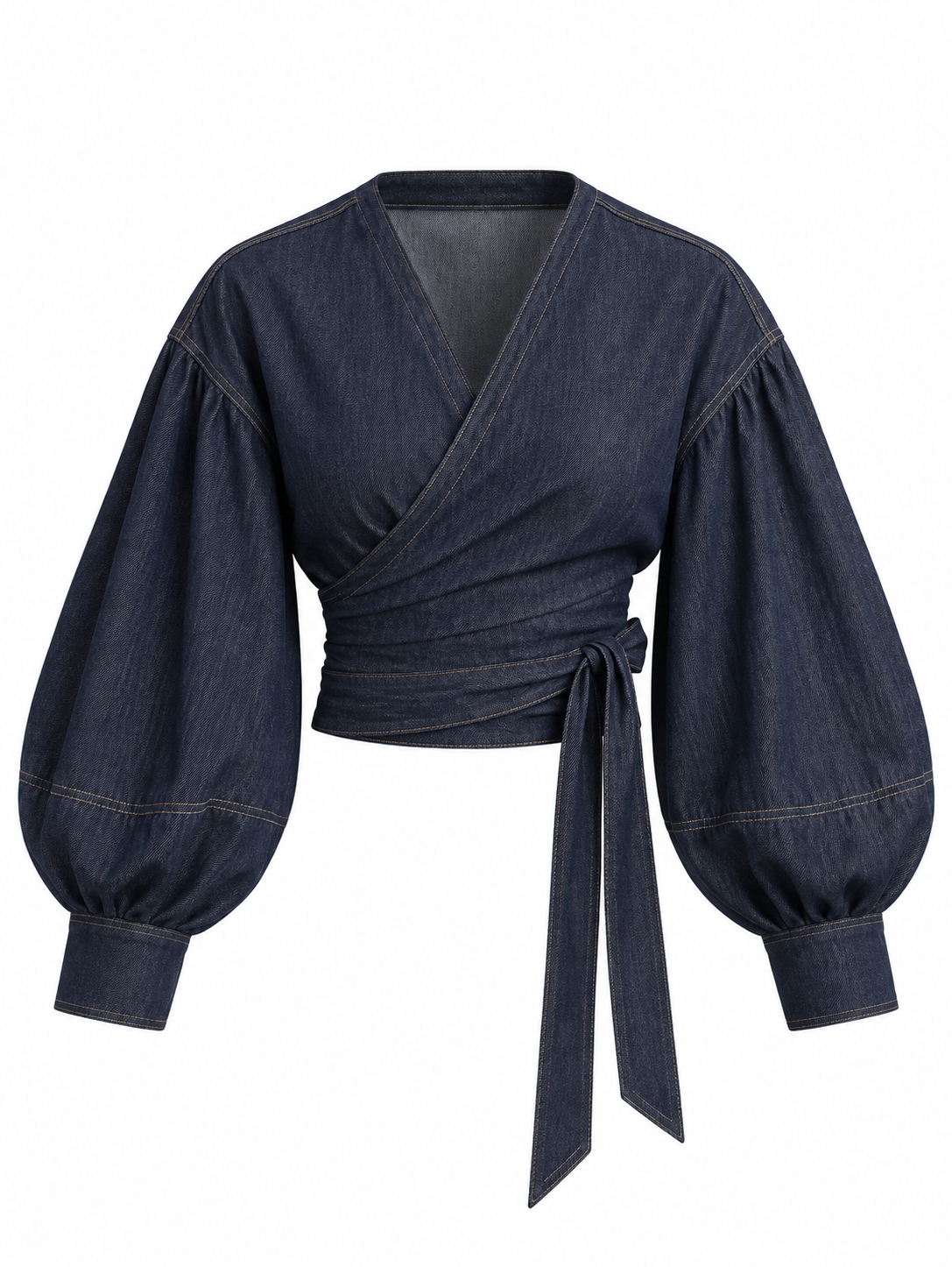 Denim Wikkelblouse met Pofmouwen