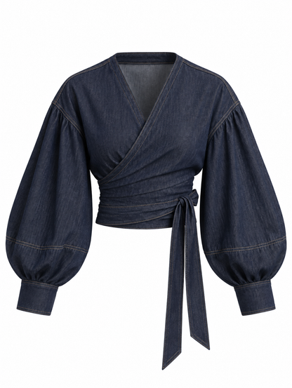 Denim Wikkelblouse met Pofmouwen
