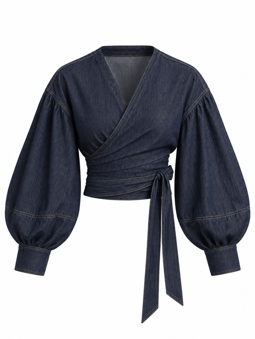 Denim Wikkelblouse met Pofmouwen