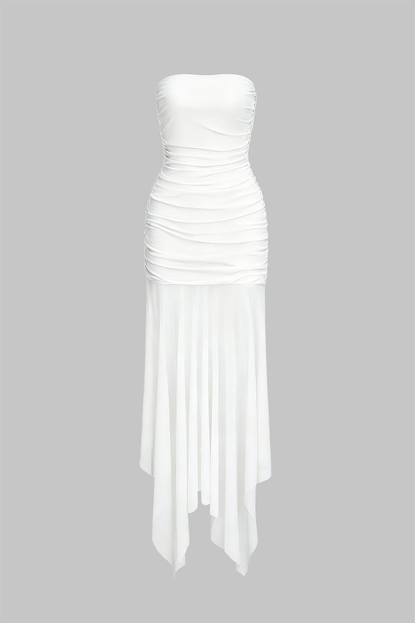Mesh midijurk met strapless pasvorm en asymmetrische zoom