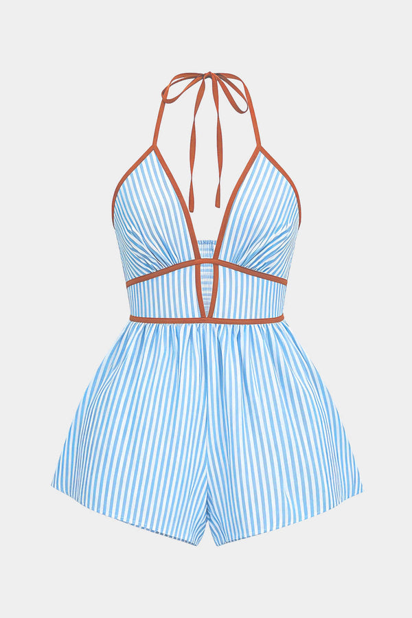 Gestreepte mouwloze playsuit met halternek en strik