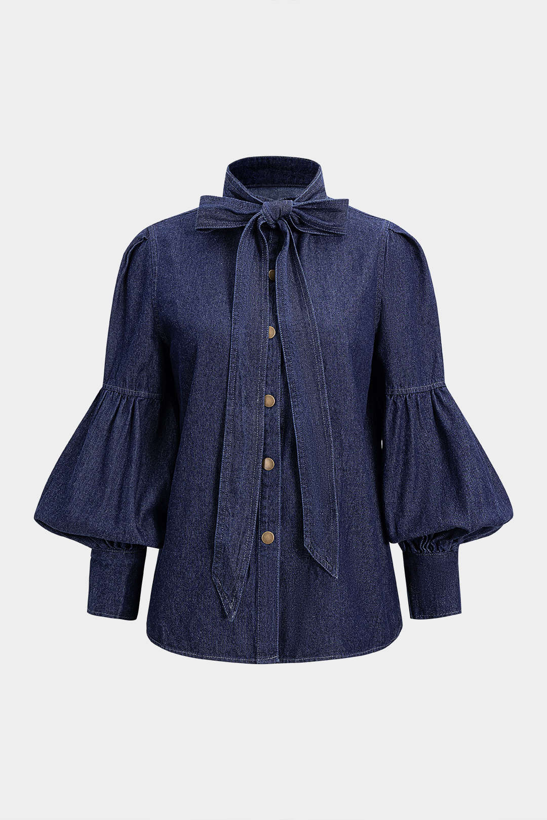 Denim blouse met strik, lange mouwen en pofmouwen