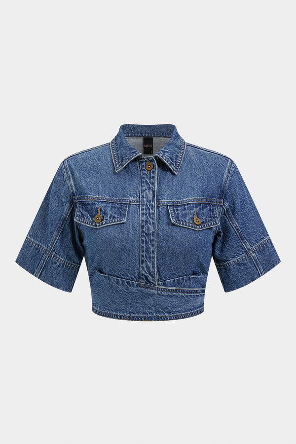 Denim cropped blouse met revers, knoopjes en korte mouwen