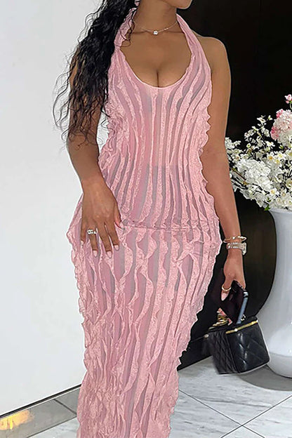 Maxi-jurk met transparante ruches, halterhals en open rug