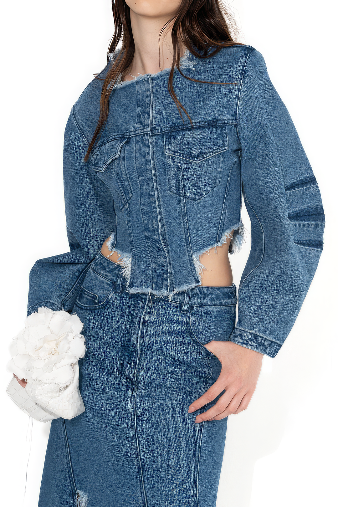 Denim patchwork item met knoopjes, ronde hals en zakken