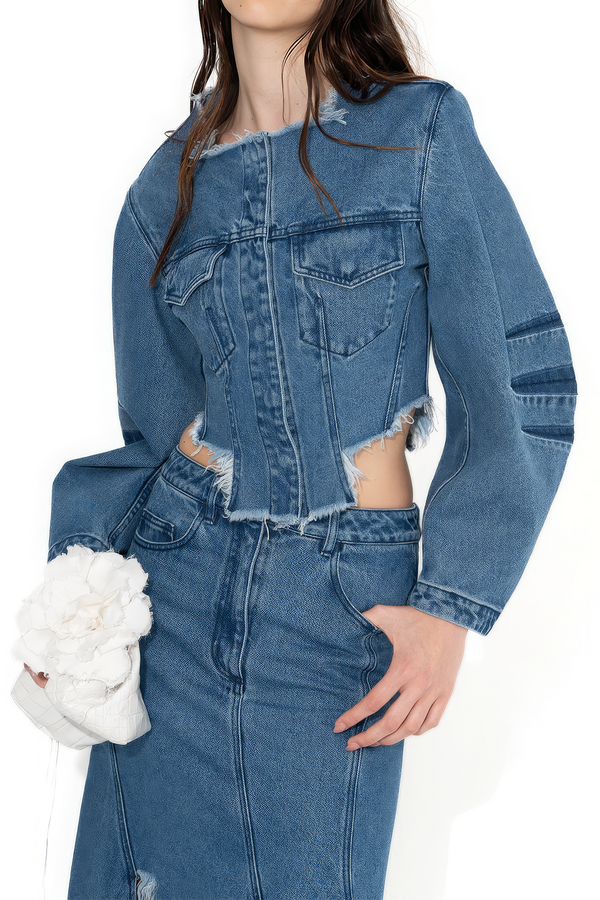 Denim patchwork item met knoopjes, ronde hals en zakken