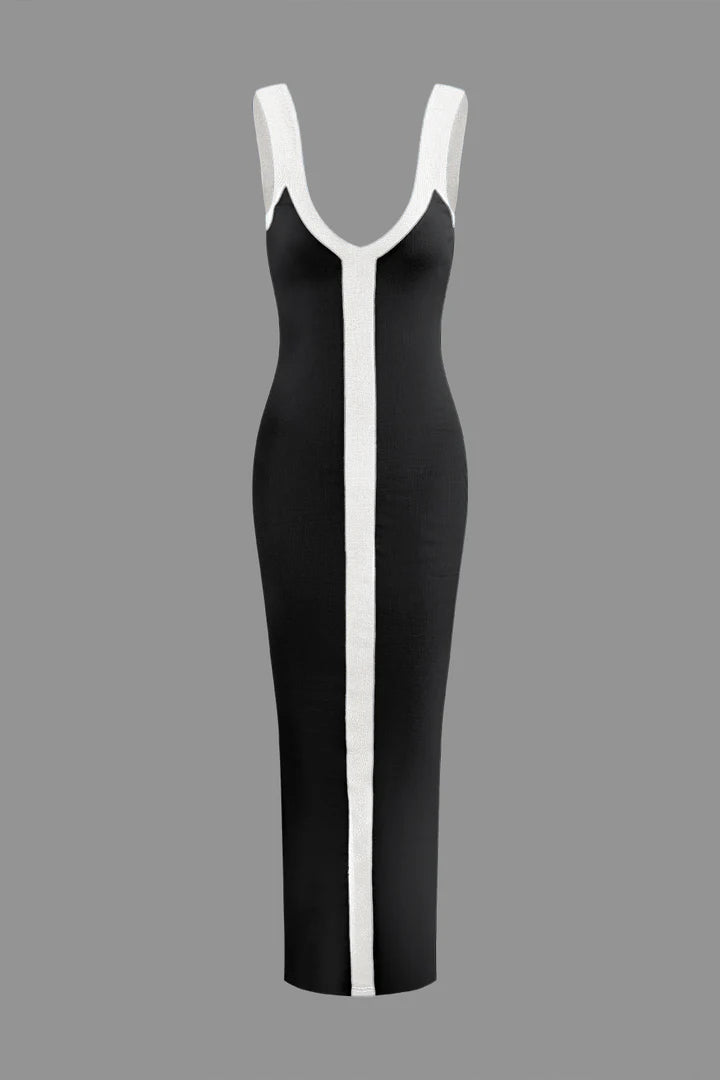 Colorblock V-neck Ribbed Split Maxi Dress