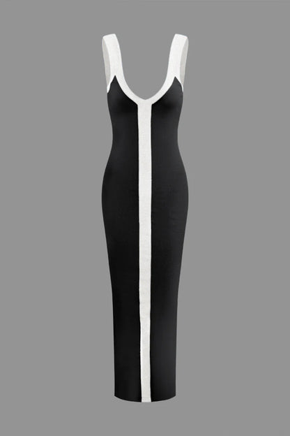 Colorblock V-neck Ribbed Split Maxi Dress