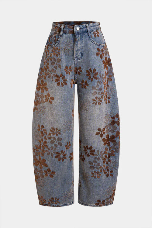 Denim jeans met bloemenprint, hoge taille en zakken