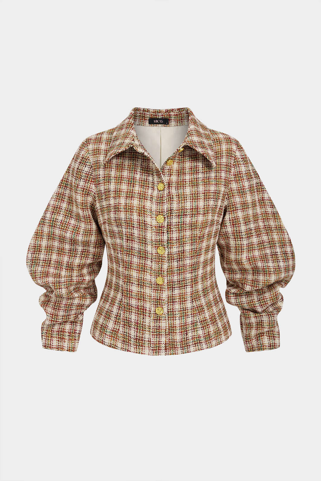 Geometrische wollen blouse met knoopjes en lange mouwen