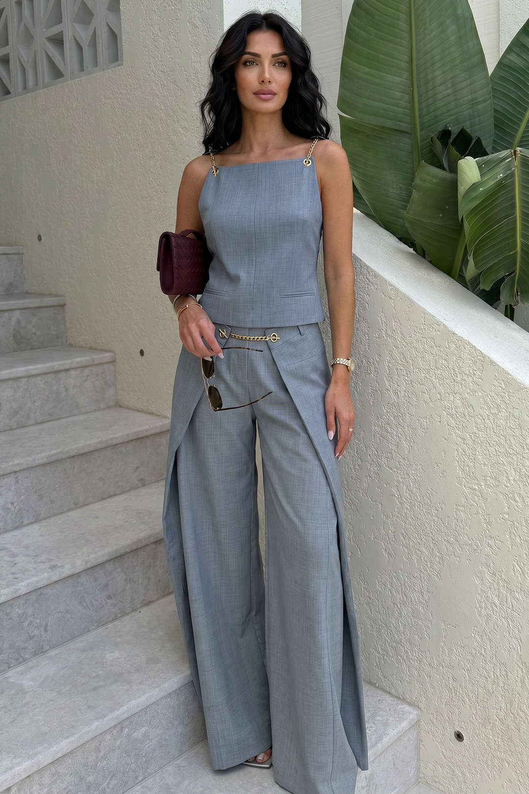 Metallic broek met kettingdetail en hoge taille