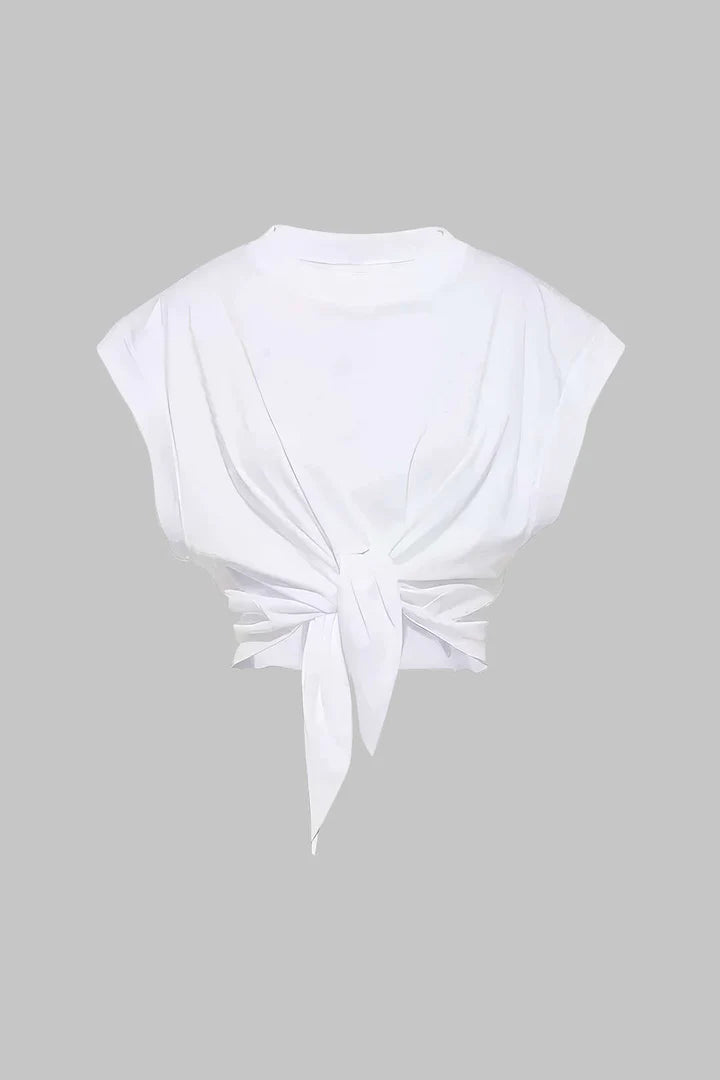 Effen T-shirt met plooien en strik aan de voorkant