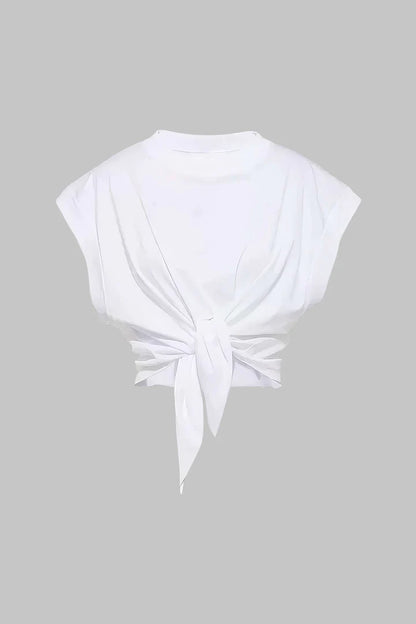 Effen T-shirt met plooien en strik aan de voorkant
