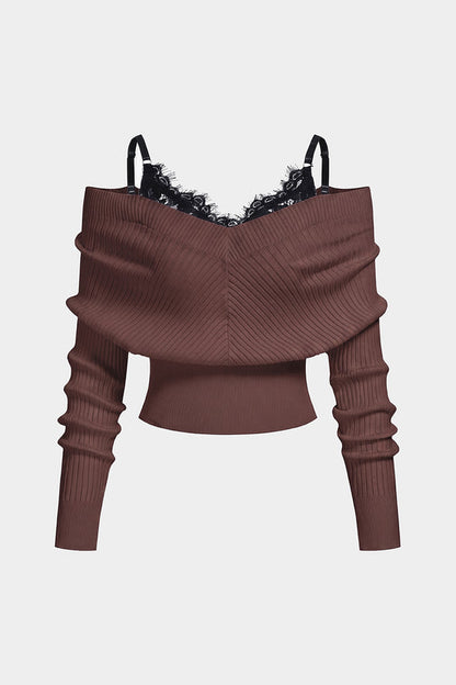 Knit Patchwork Lace Trim Long-Sleeve Top