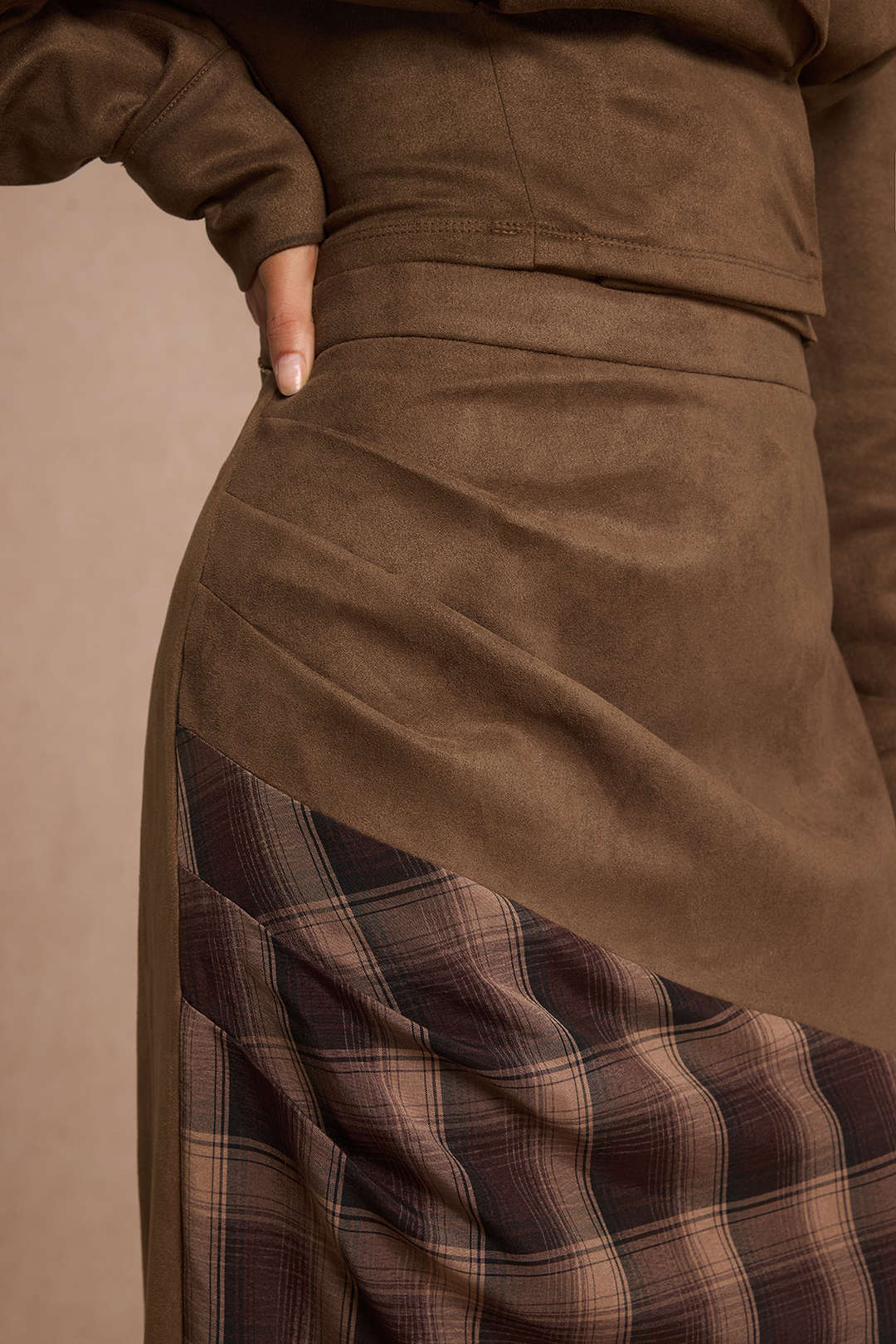 Suède patchwork rok met hoge taille