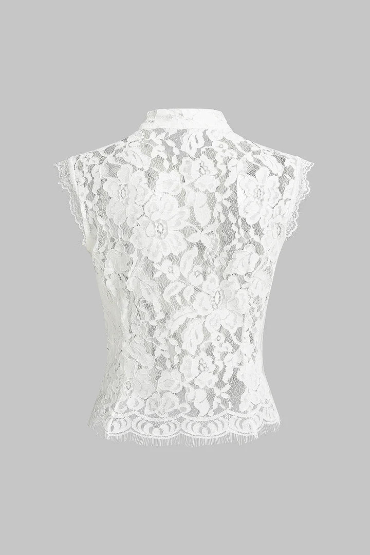 Kanten tanktop met col en knoopsluiting