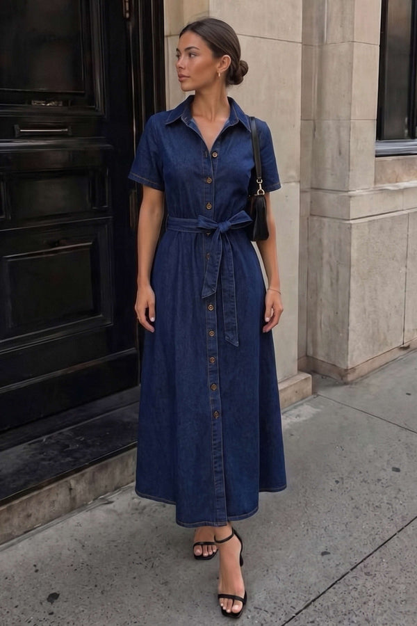 Denim maxijurk met V-hals, riem en korte mouwen