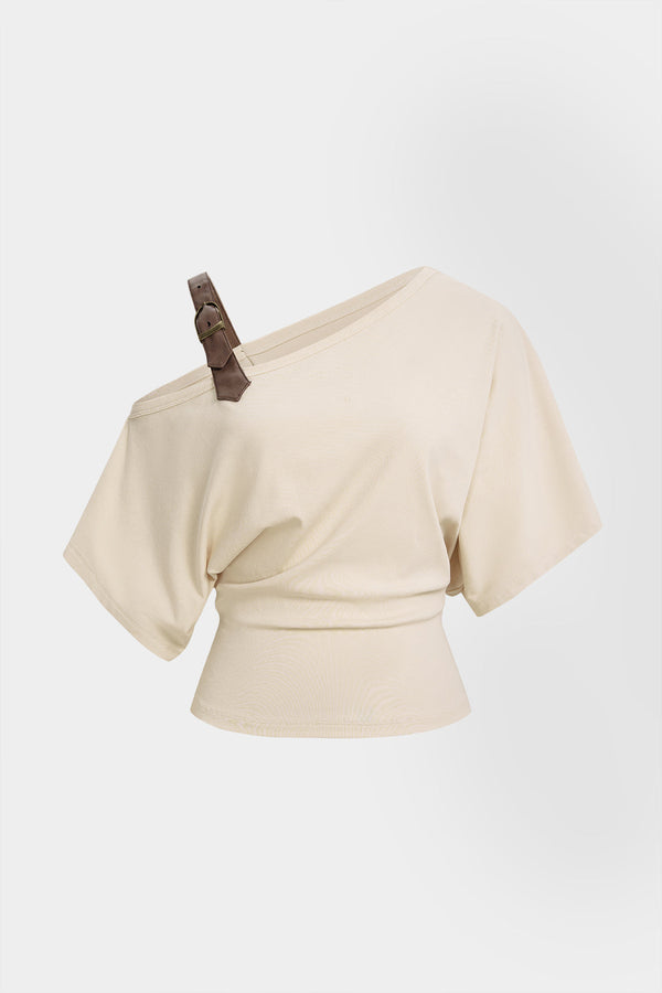 Asymmetrische leren-look top met gesp en één schouder
