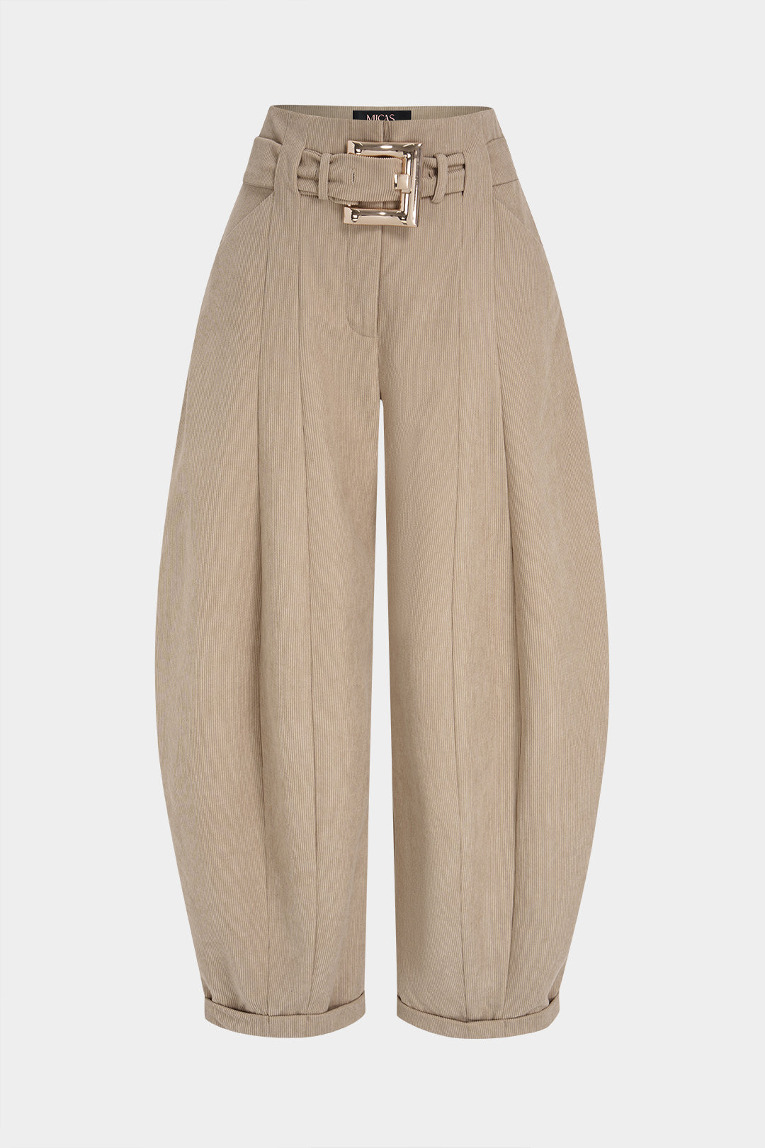 Ribfluwelen metallic broek met riem