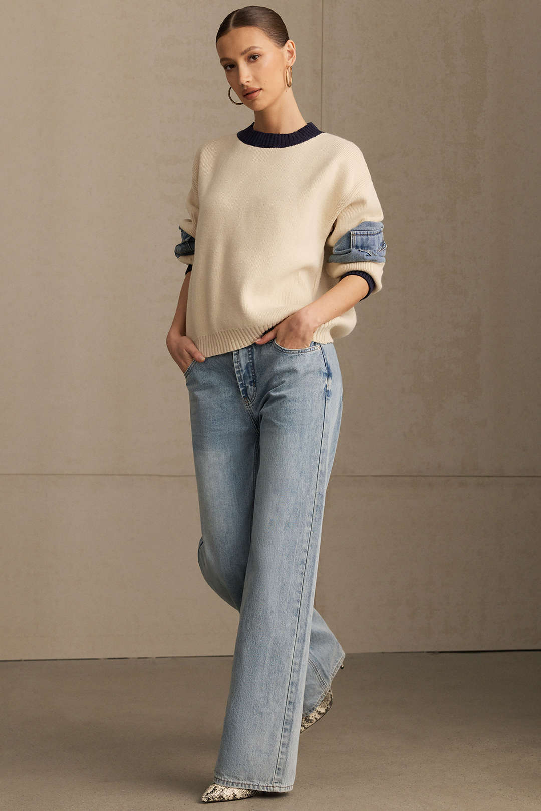 Gebreide denim top met lange mouwen