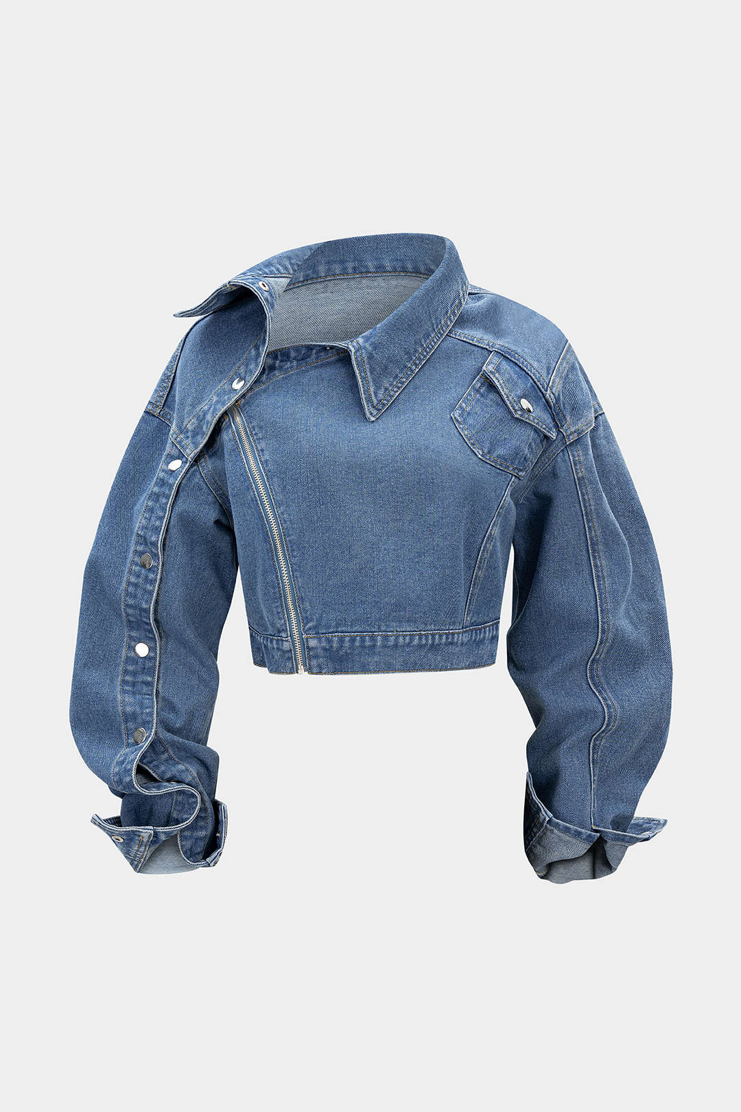 Denim asymmetrisch jasje met rits en lange mouwen