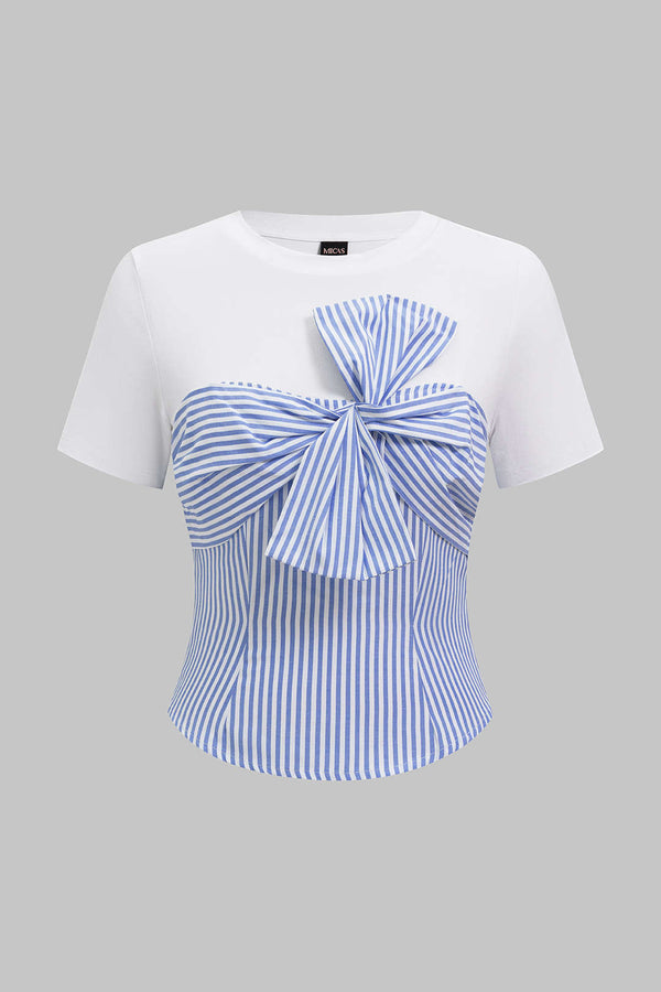 Gestreept patchwork T-shirt met knoopdetail en korte mouwen