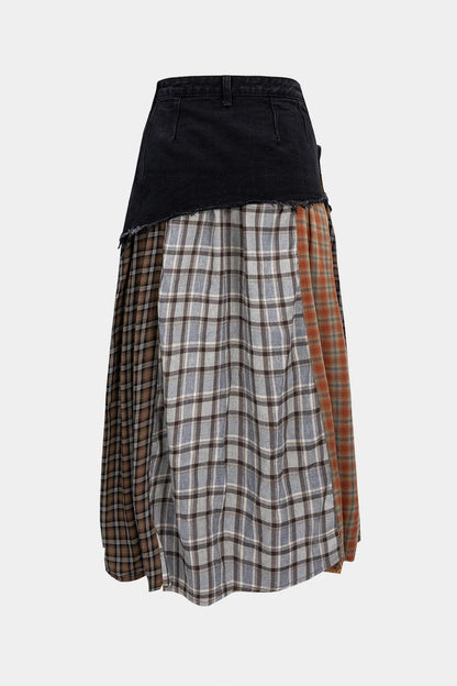Asymmetrische rok van denim met kleurblokken en ruitprint