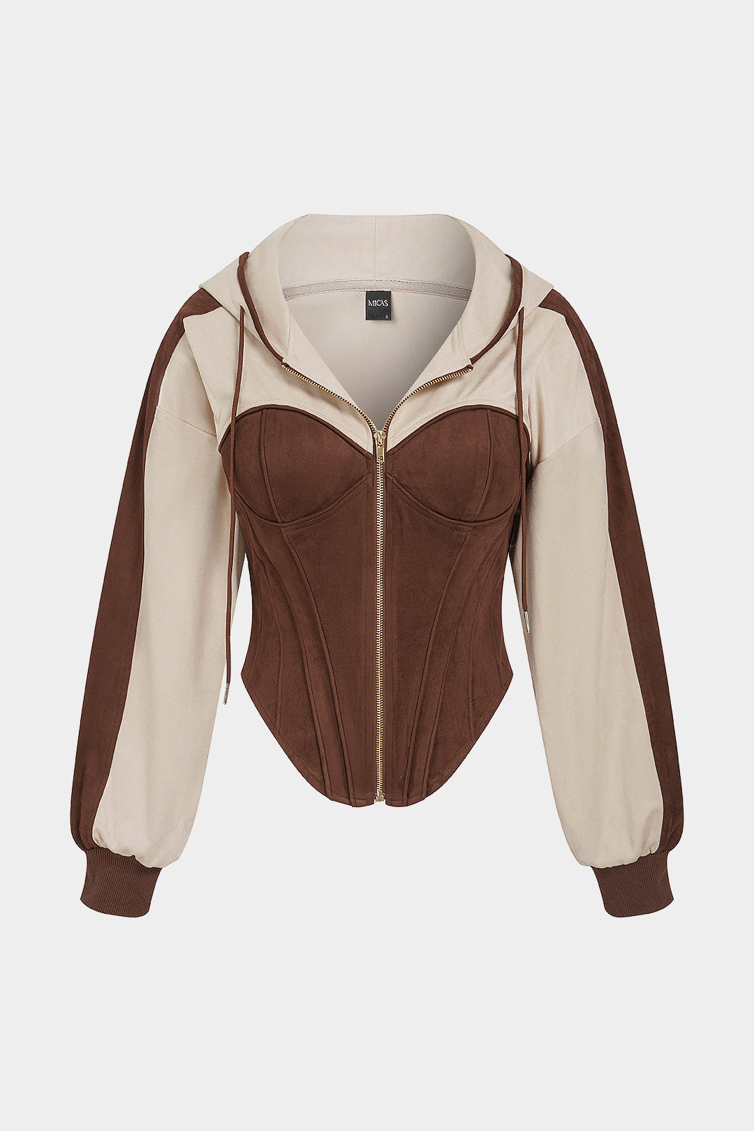 Patchwork hoodie met rits en trekkoord