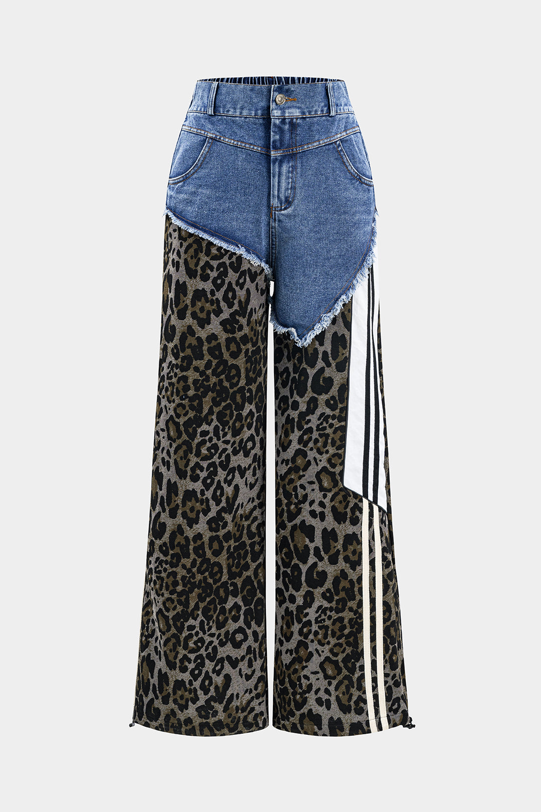 Linde - Luipaardprint jeans met knoopjes, zakken en wijde pijpen