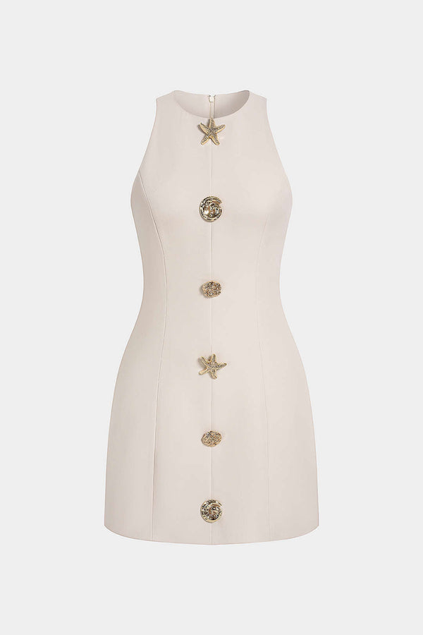Isa - Metallic mouwloze minijurk met ronde hals en knoopjes
