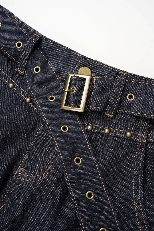 Denim Belted Rhinestone Wide Leg Jeans