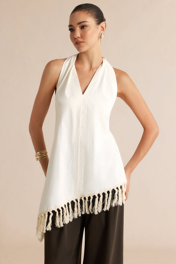Asymmetrische tanktop met halternek, V-hals en franjes