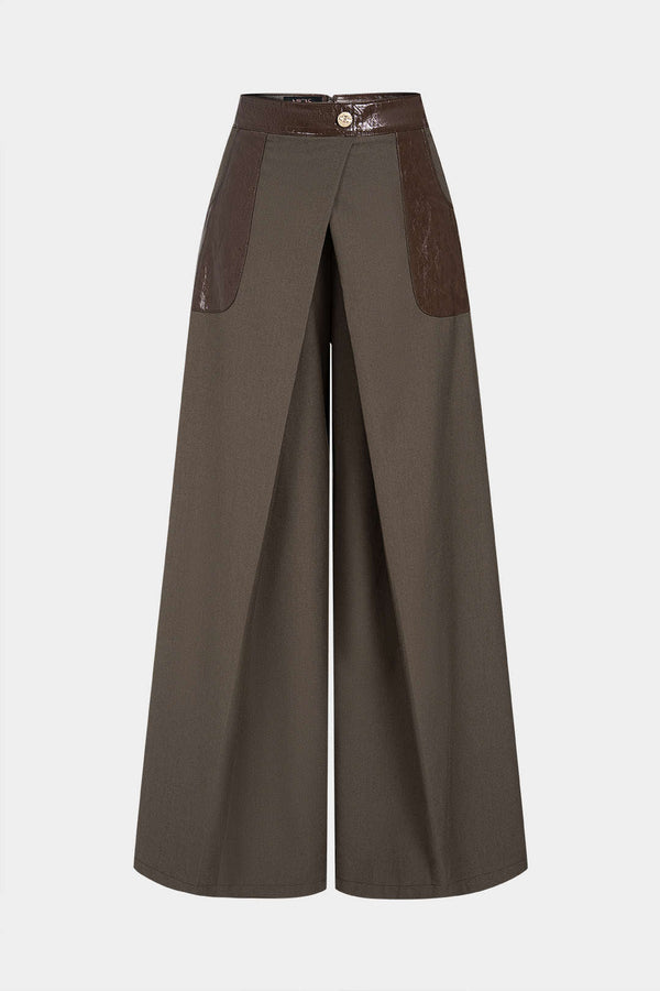 Patchwork leren-look broek met wijde pijpen