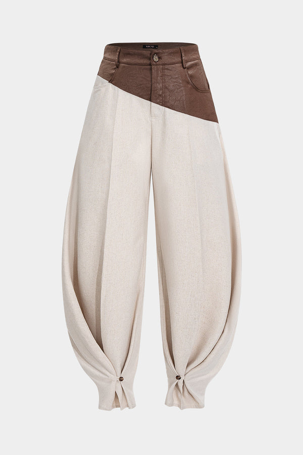 Leren-look patchwork pantalon met ruches en ballonmodel