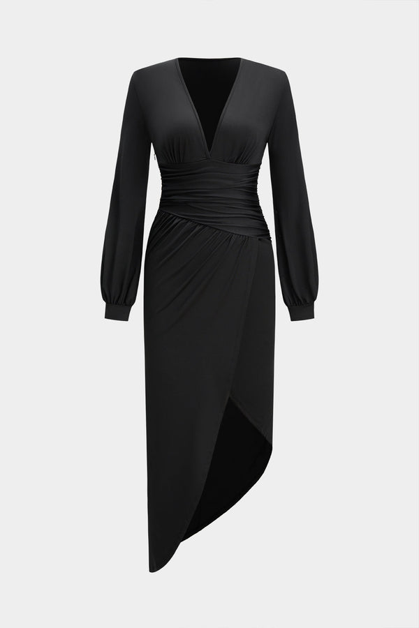 Asymmetrische midijurk met V-hals, ruches en lange mouwen