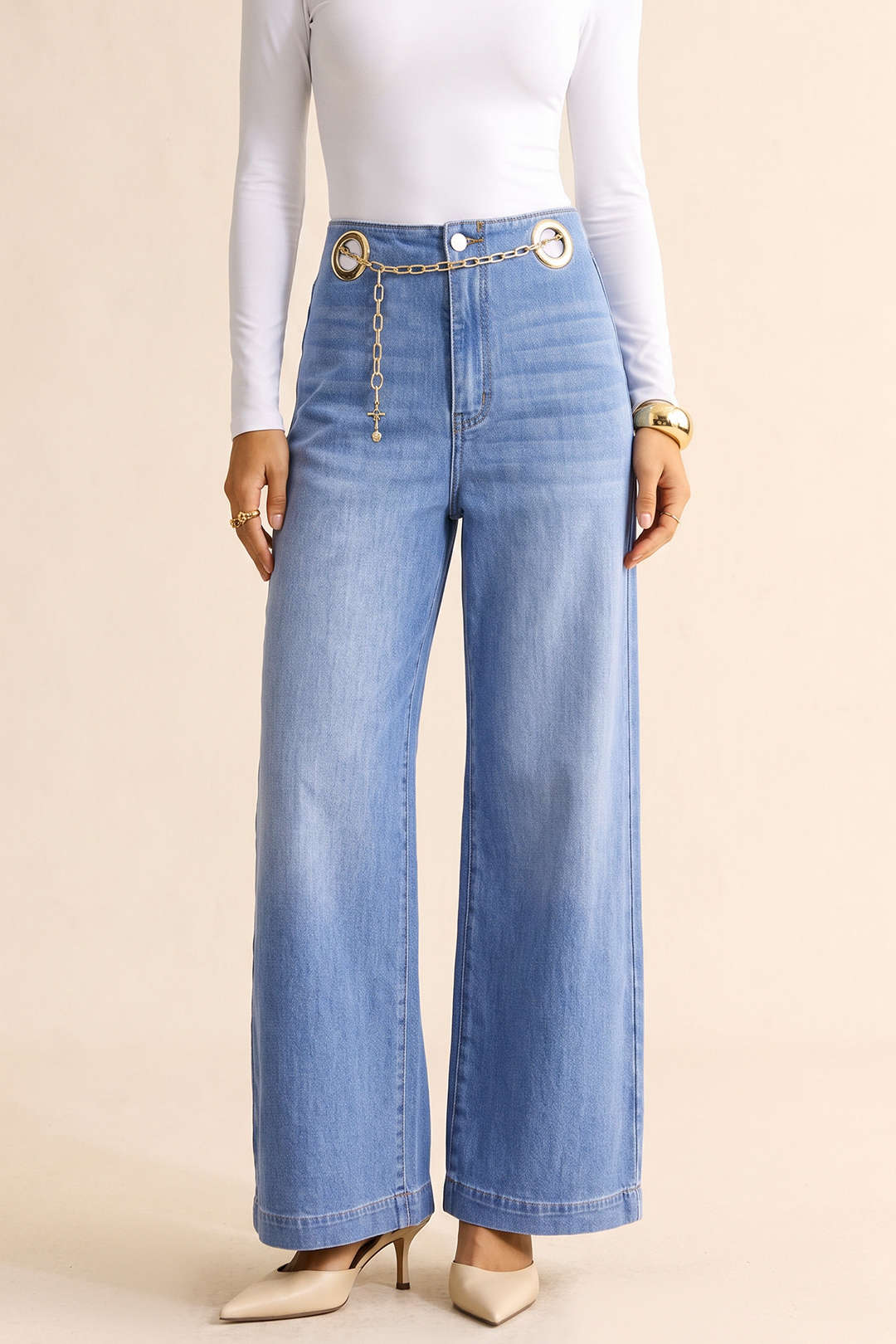Metallic jeans met kettingdetail en wijde pijpen