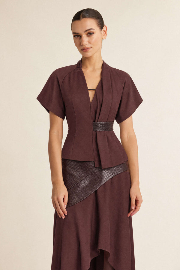 Leren-look patchwork blouse met V-hals en ruches