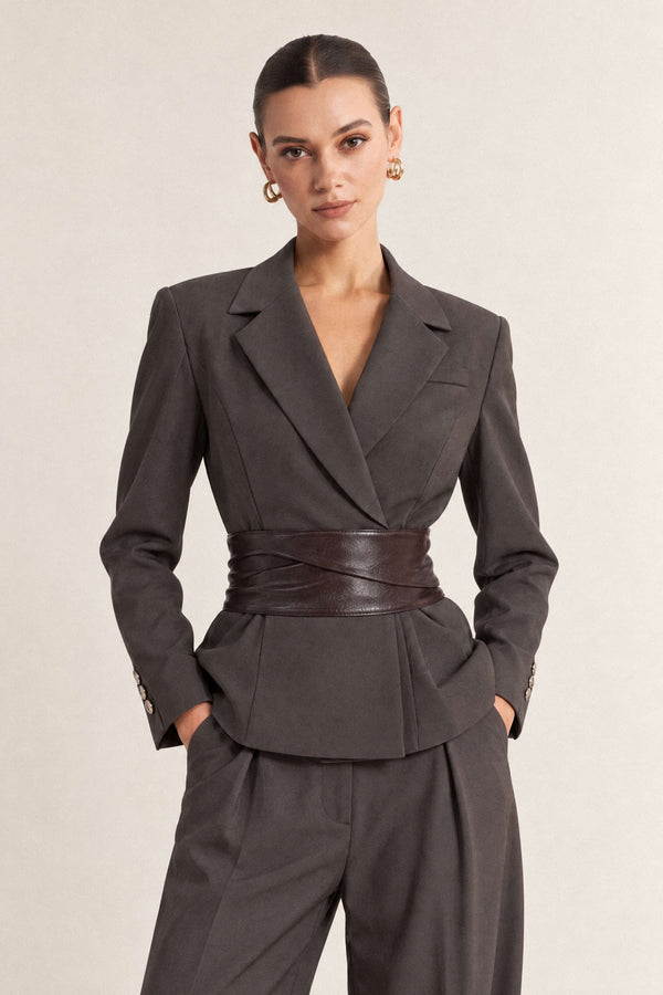 Leren-look patchwork blazer met reverskraag