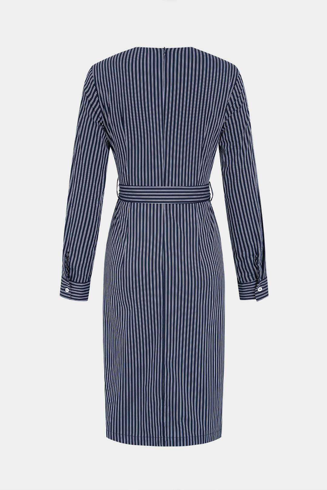 Gestreepte midijurk met knoopdetail en lange mouwen