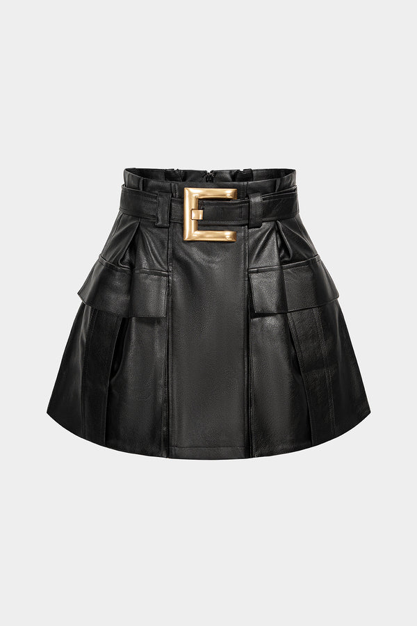 Leren-look metallic minirok met riem