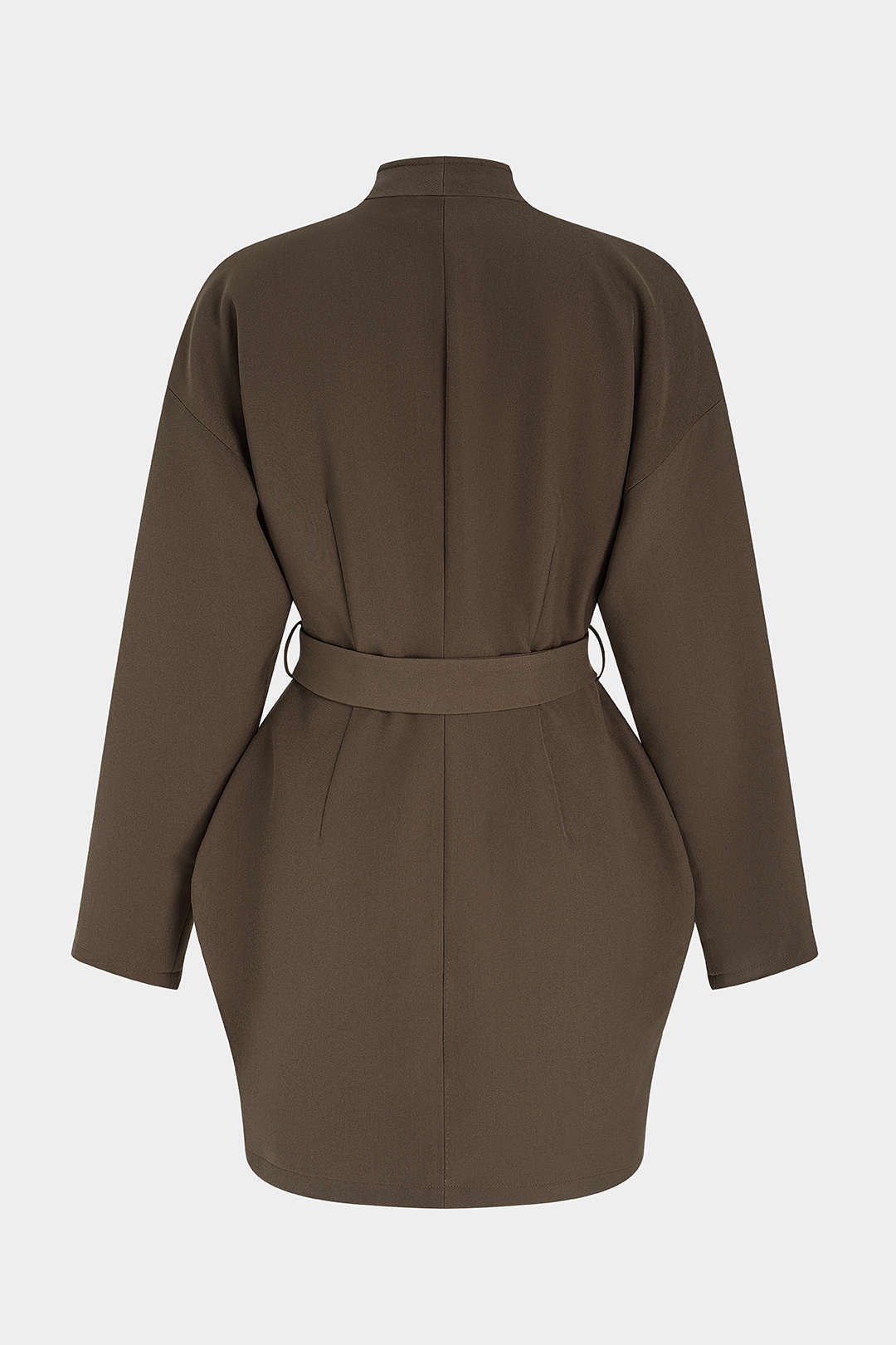 Metallic minijurk met V-hals, riem en lange mouwen