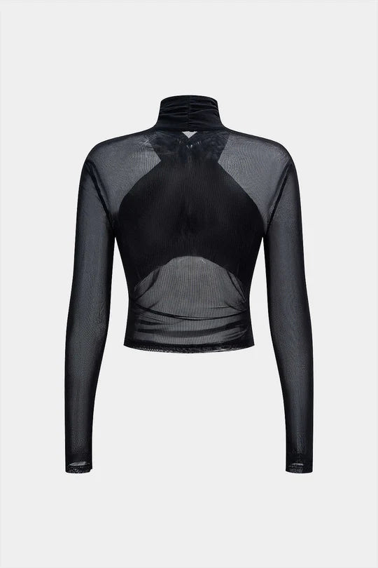 Mesh Sheer Ruched Long-Sleeve Top