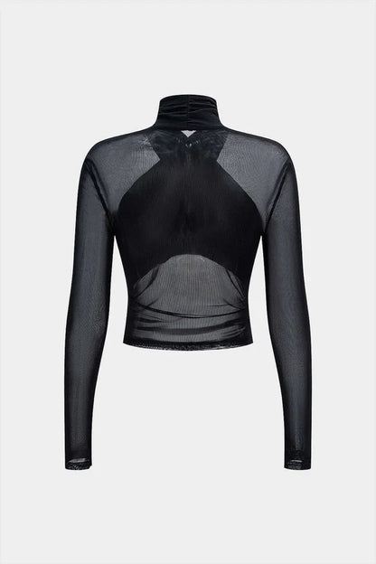 Mesh Sheer Ruched Long-Sleeve Top