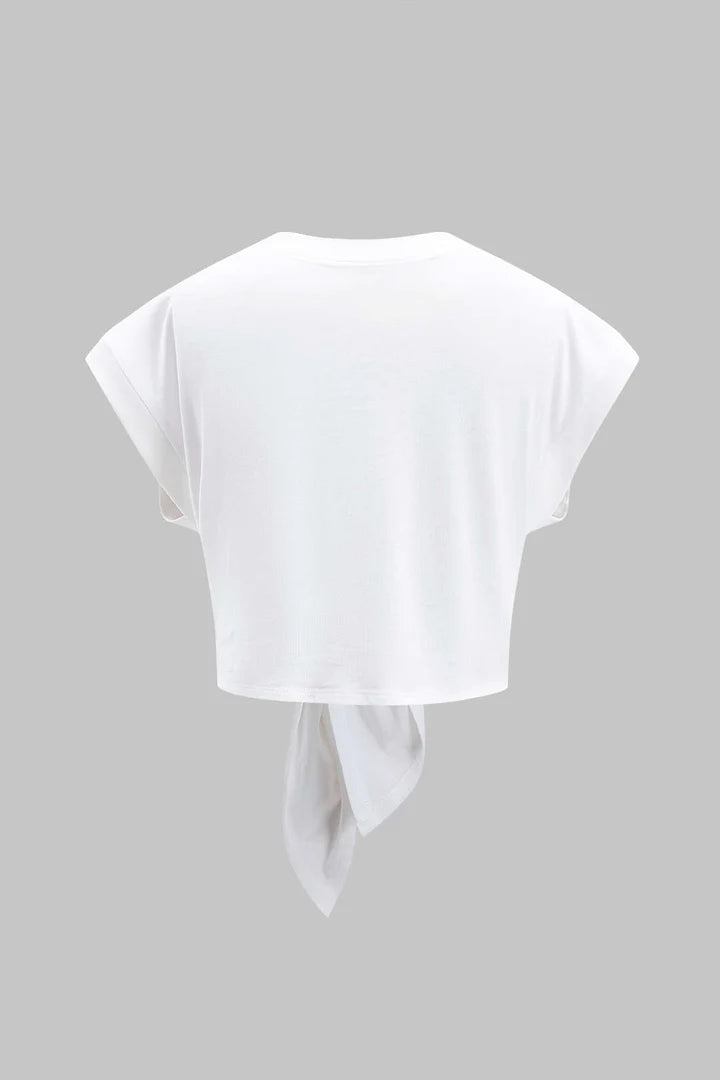 Effen T-shirt met plooien en strik aan de voorkant