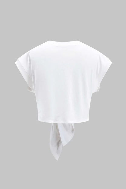 Effen T-shirt met plooien en strik aan de voorkant